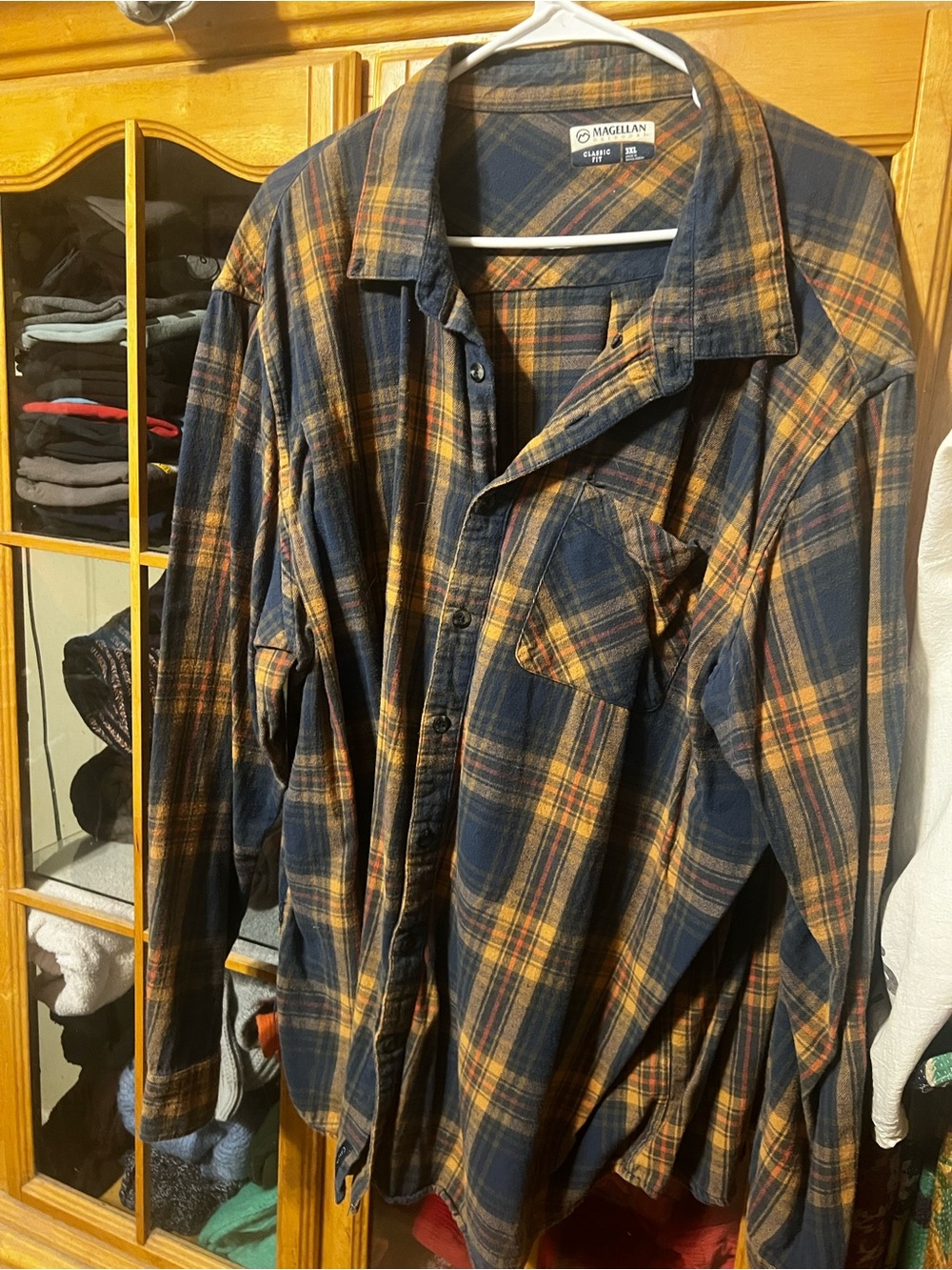 Magellan Outdoors Navy, Mustard & Rust Plaid Flannel Shirt